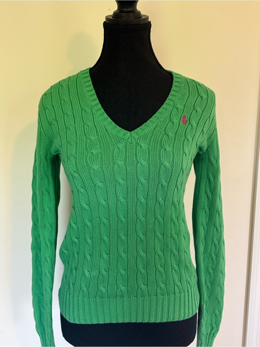 Ralph Lauren Green Cable-Knit V-Neck Sweater with Pink Polo Logo
